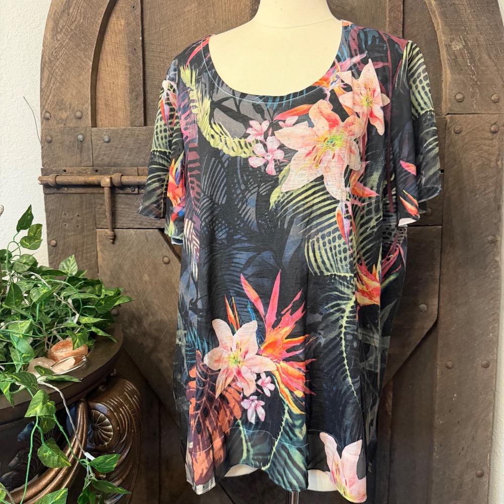 A.N.A Tropical Floral Rhinestone Blouse 2X Black Pink Short Sleeve Summer Top